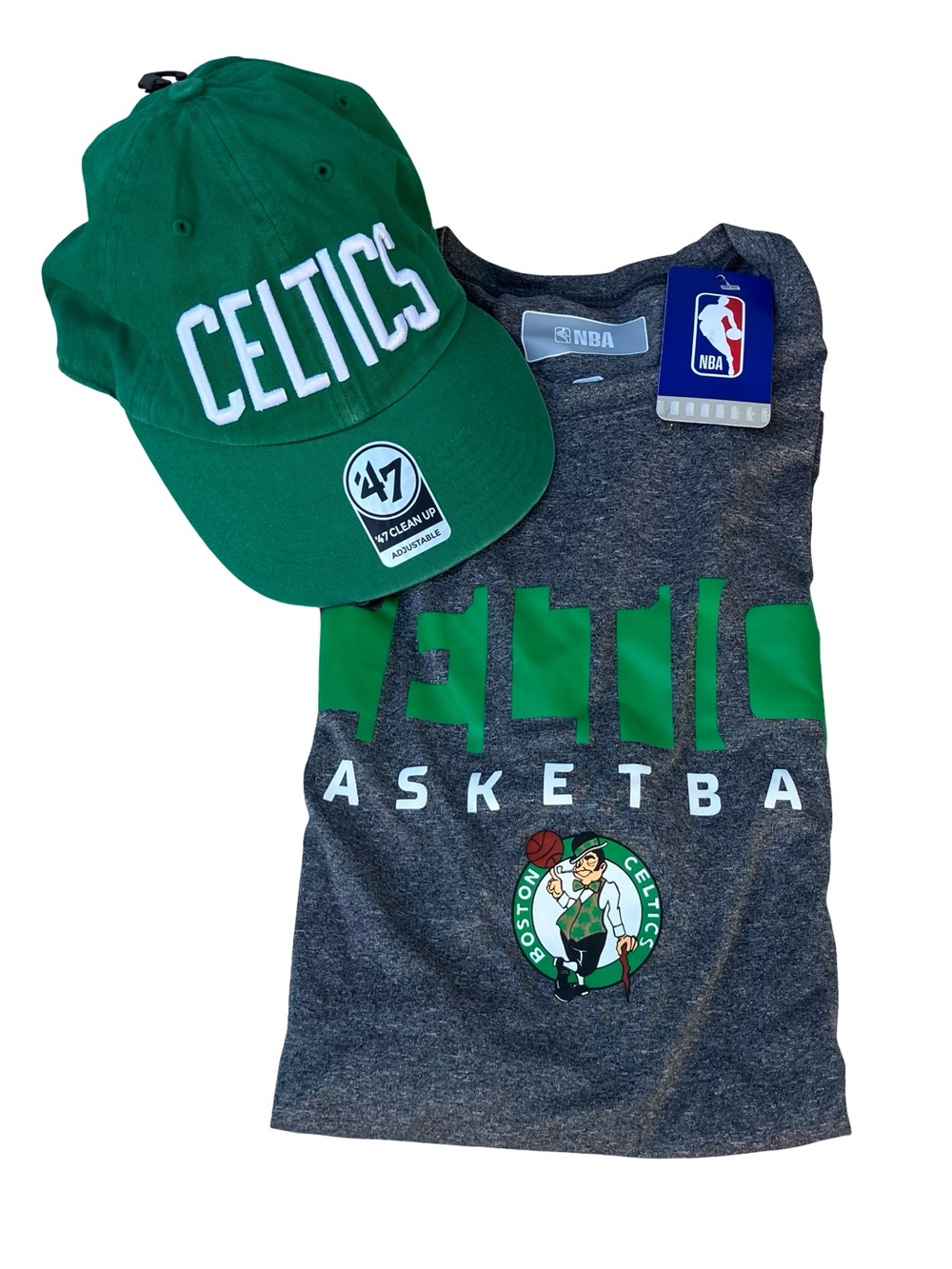 NBA Boston Celtics Tshirt Gray Large & Green Celtics Hat 47 Brand Bundle of 2